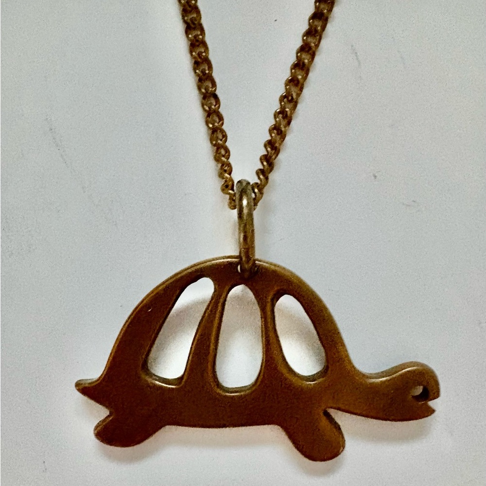 Large Brass Turtle Cut Out Pendant with attached 26 inch Chain Vintage